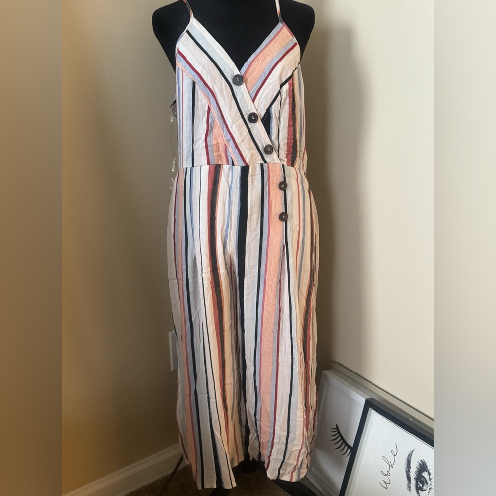 TRIXXI Womens Jumpsuit Striped Capri Adjustable Strap Button Accent